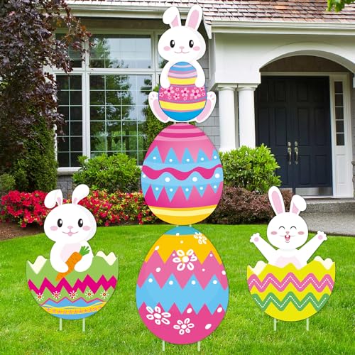 CiniQy 5 PCS 48 Inch Easter Yard Signs PP Safe Material Waterproof Outdoor Lawn Decorations with Stakes, Jumbo Funny Bunny and Egg Decor for Party Spring Garden Patio Holiday Display Supplies - Image 1