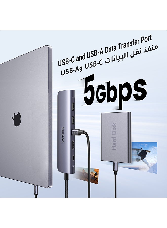 يو جرين موزع USB C ب7 في 1 محول تايب سي بـواحد منفذ تايب سي ومنفذين USB-A 3.0 لنقل بيانات، مع منفذ شحن سريع 100W، منفذ 4K يواس بي سي الى HDMI، قارئ بطاقة SD/TF، محول متعدد المنافذ لأيفون 15 وماك بوك برو وماك اير - Image 3