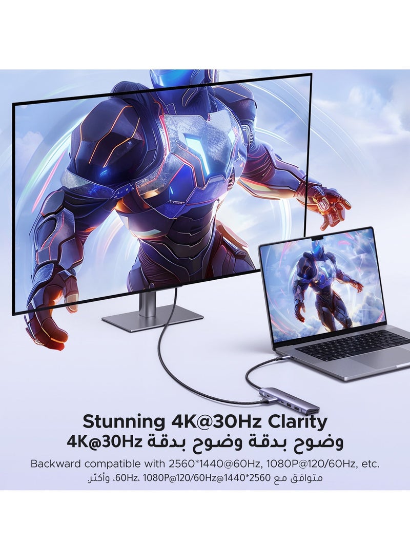 يو جرين موزع USB C ب7 في 1 محول تايب سي بـواحد منفذ تايب سي ومنفذين USB-A 3.0 لنقل بيانات، مع منفذ شحن سريع 100W، منفذ 4K يواس بي سي الى HDMI، قارئ بطاقة SD/TF، محول متعدد المنافذ لأيفون 15 وماك بوك برو وماك اير رمادي - Image 5