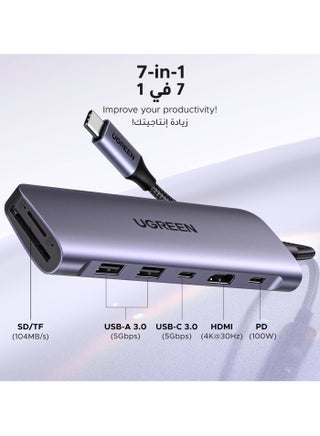 موزع USB C ب7 في 1 محول تايب سي بـواحد منفذ تايب سي ومنفذين USB-A 3.0 لنقل بيانات، مع منفذ شحن سريع 100W، منفذ 4K يواس بي سي الى HDMI، قارئ بطاقة SD/TF، محول متعدد المنافذ لأيفون 15 وماك بوك برو وماك اير رمادي - view 3