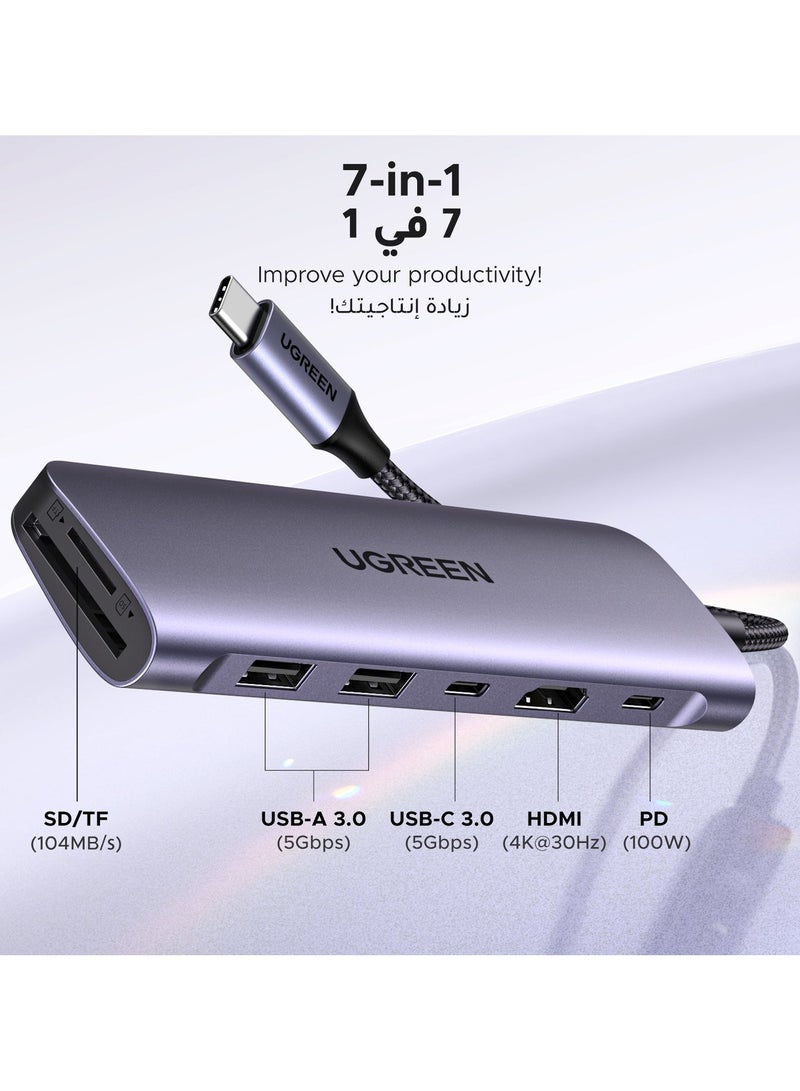 يو جرين موزع USB C ب7 في 1 محول تايب سي بـواحد منفذ تايب سي ومنفذين USB-A 3.0 لنقل بيانات، مع منفذ شحن سريع 100W، منفذ 4K يواس بي سي الى HDMI، قارئ بطاقة SD/TF، محول متعدد المنافذ لأيفون 15 وماك بوك برو وماك اير رمادي - Image 3