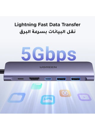 موزع USB C ب7 في 1 محول تايب سي بـواحد منفذ تايب سي ومنفذين USB-A 3.0 لنقل بيانات، مع منفذ شحن سريع 100W، منفذ 4K يواس بي سي الى HDMI، قارئ بطاقة SD/TF، محول متعدد المنافذ لأيفون 15 وماك بوك برو وماك اير رمادي - view 4