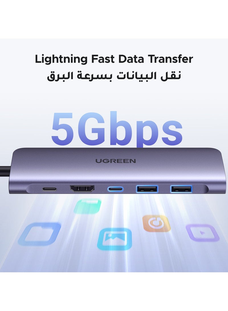 يو جرين موزع USB C ب7 في 1 محول تايب سي بـواحد منفذ تايب سي ومنفذين USB-A 3.0 لنقل بيانات، مع منفذ شحن سريع 100W، منفذ 4K يواس بي سي الى HDMI، قارئ بطاقة SD/TF، محول متعدد المنافذ لأيفون 15 وماك بوك برو وماك اير رمادي - Image 4