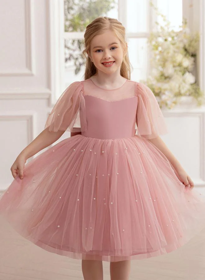 تايك تو فستان حفلات شبكي للفتيات بتفاصيل لؤلؤ صناعي وفيونكة