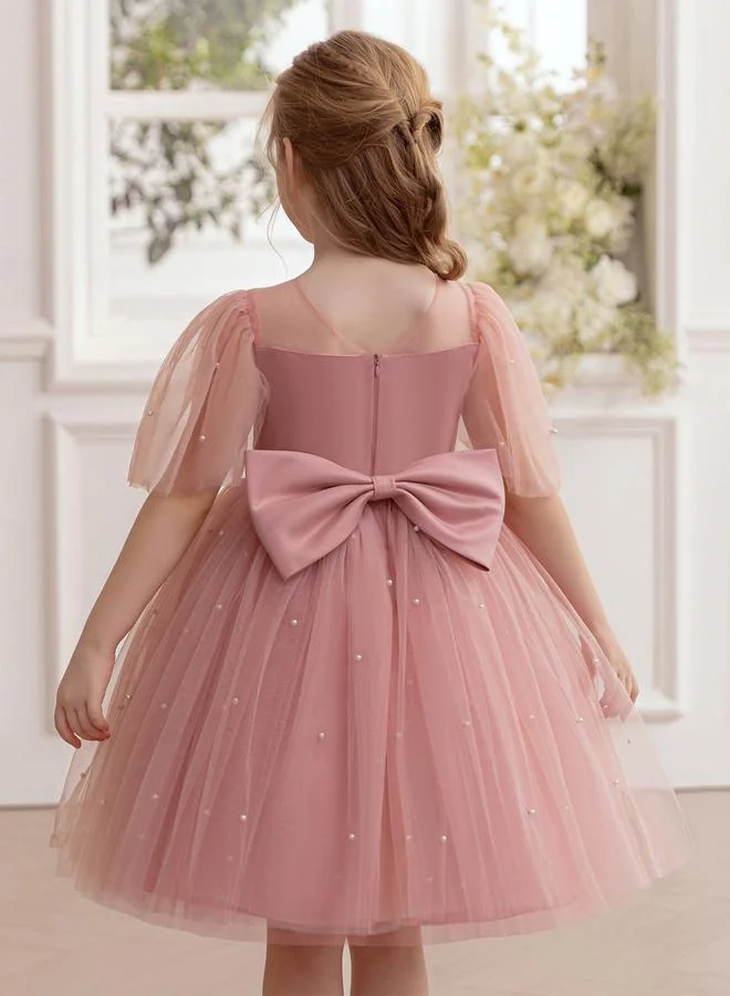 Take Two  Girls Faux Pearl Detail Bow Decoration Mesh Party Dress for Women | Best Price UAE