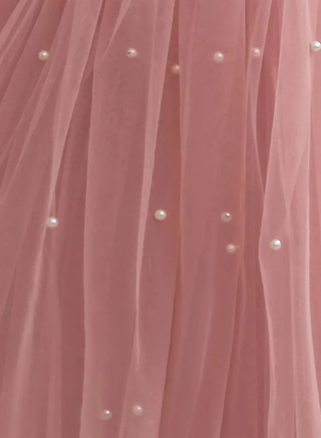 تايك تو فستان حفلات شبكي للفتيات بتفاصيل لؤلؤ صناعي وفيونكة