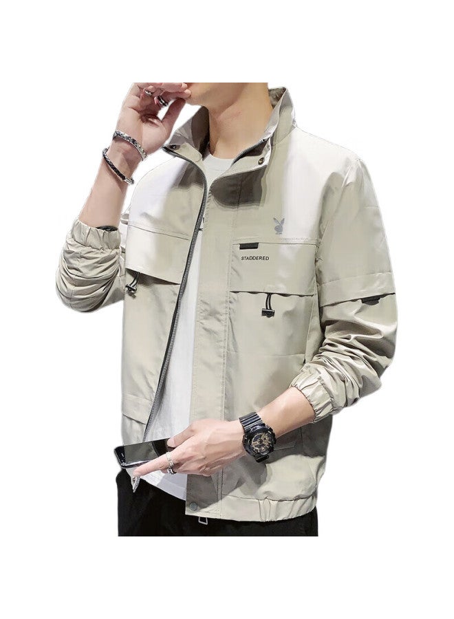 PLAYBOY Men'S Jacket, Spring Casual Workwear Hoodie, Trendy Outerwear, Khaki, 3Xl - Image 3