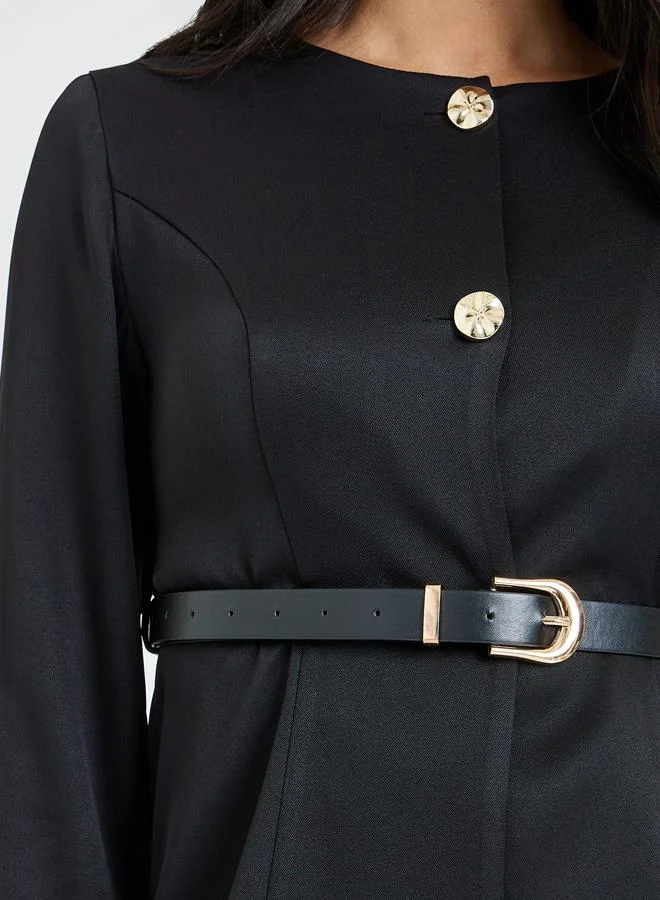Styli  Black Belted Top with Button Detail for Women | Best Price UAE