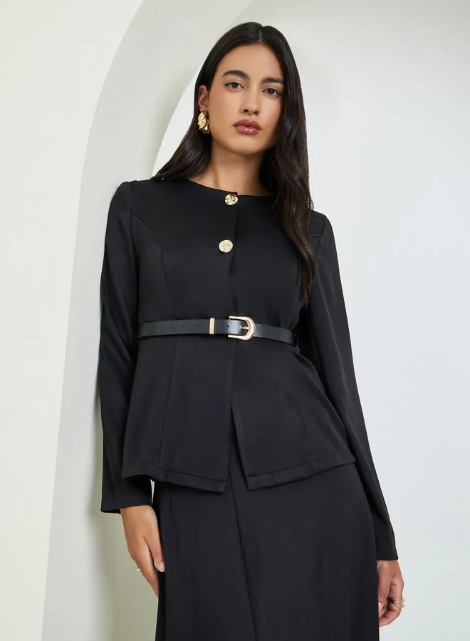 Styli  Black Belted Top with Button Detail for Women | Best Price UAE