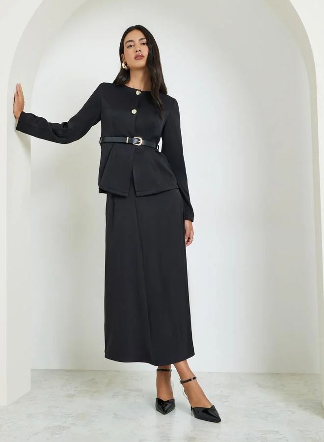 Styli Black Belted Top with Button Detail