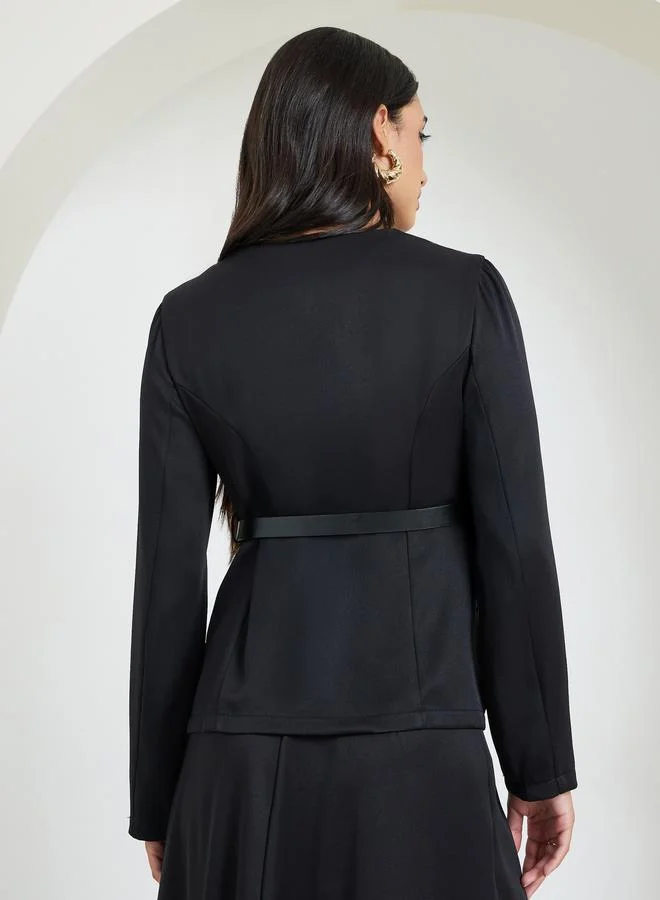 Styli  Black Belted Top with Button Detail for Women | Best Price UAE