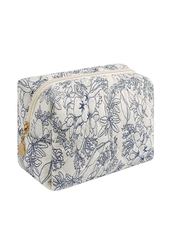 WHHJM Cute Floral Makeup Bag Small Cotton Quilted Cosmetic Bag, Aesthetic Essential Bag Emergency Bag Gift for Women Girls Travel Accessories (Navy Flowers) - Image 1