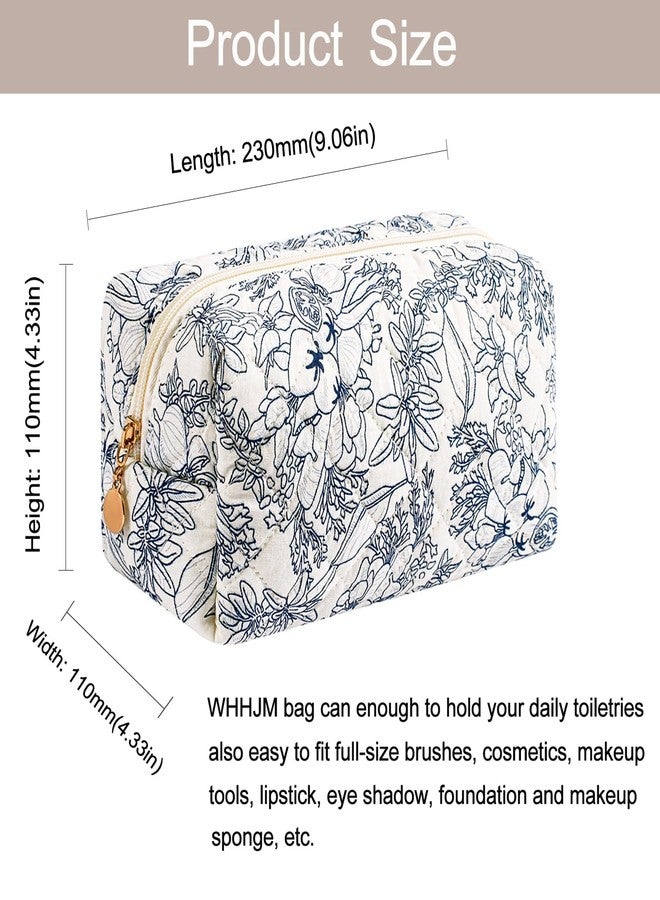 WHHJM Cute Floral Makeup Bag Small Cotton Quilted Cosmetic Bag, Aesthetic Essential Bag Emergency Bag Gift for Women Girls Travel Accessories (Navy Flowers) - Image 3