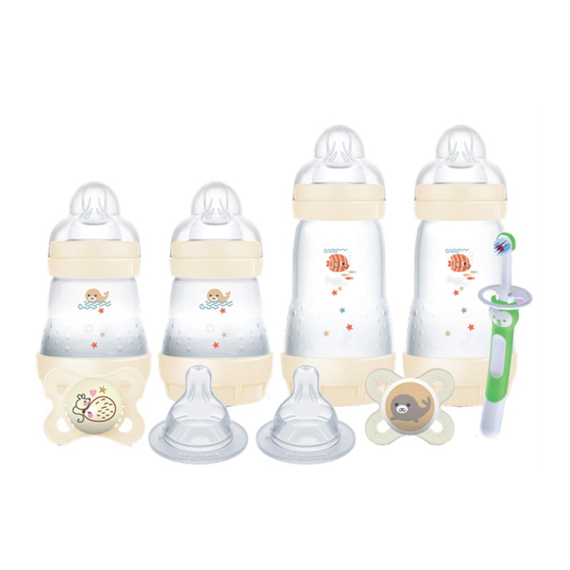 MAM Welcome Home Feeding Set Newborn Essentials Must Have for 03 Months Including 9 Piece Easy Start AntiColic Baby Bottle Pacifiers Skinsoft Silicone Nipples Training Toothbrush Baby Gift