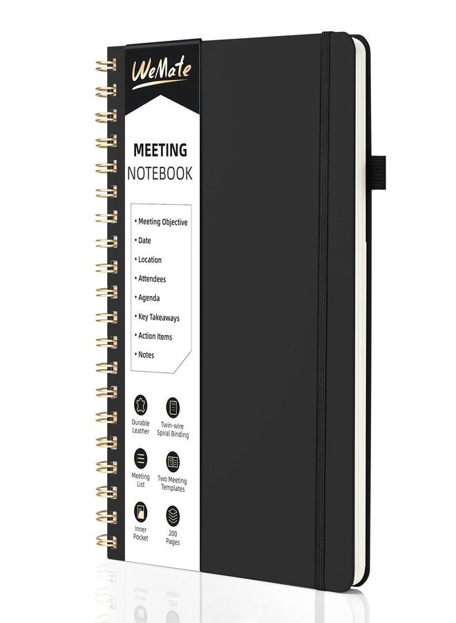 WEMATE Meeting Notebook for Work B5 (7"x10") - PU Leather Work Notebook with Agenda, Action Items & Notes - 200 Pages for Men&Women, Staff and Students, Meeting, Projects Planning - Black - Image 1