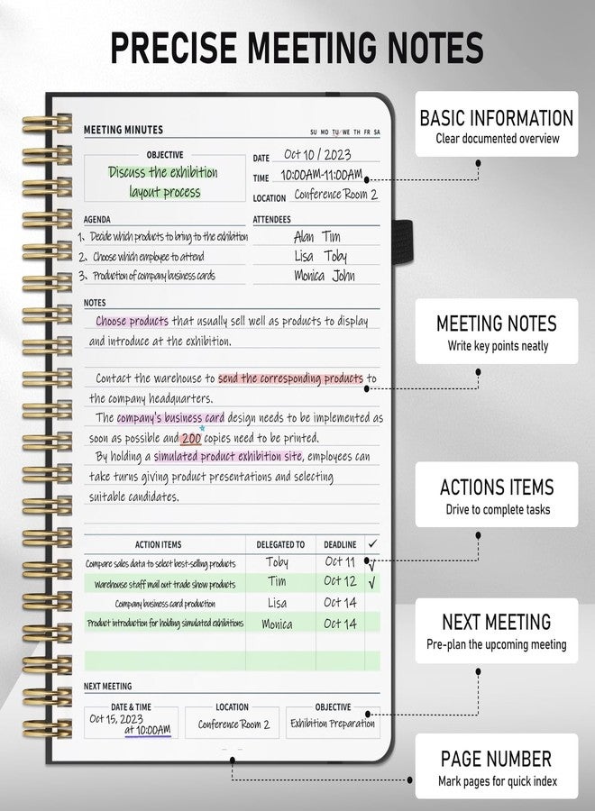 WEMATE Meeting Notebook for Work B5 (7"x10") - PU Leather Work Notebook with Agenda, Action Items & Notes - 200 Pages for Men&Women, Staff and Students, Meeting, Projects Planning - Black - Image 3