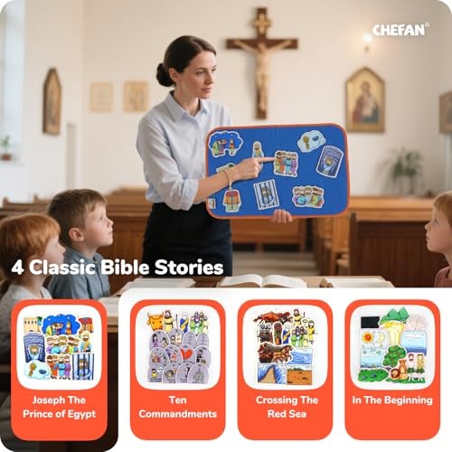 CHEFAN 4 Pack Felt Board Bible Stories Set Flannel Board Stories Nativity Flannel Graph Bible Toy for Kids Include Joseph The Prince of Egypt In The BeginningTen CommandmentsCrossing The Red Sea - Image 5