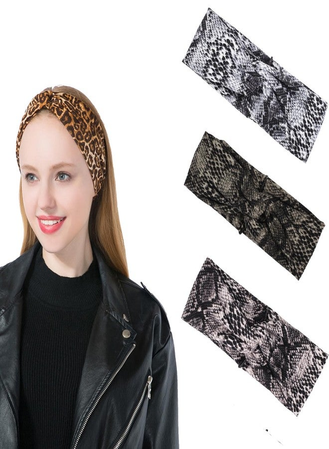 دينبري طوق رأس دينبري بنقشة جلد الحيوانات، طوق رأس بنقشة الثعبان للنساء، طوق رأس رياضي لليوجا، طوق رأس بنقشة الفهد للنساء (عبوة من 3 قطع بنقشة جلد الثعبان ب) - Image 1