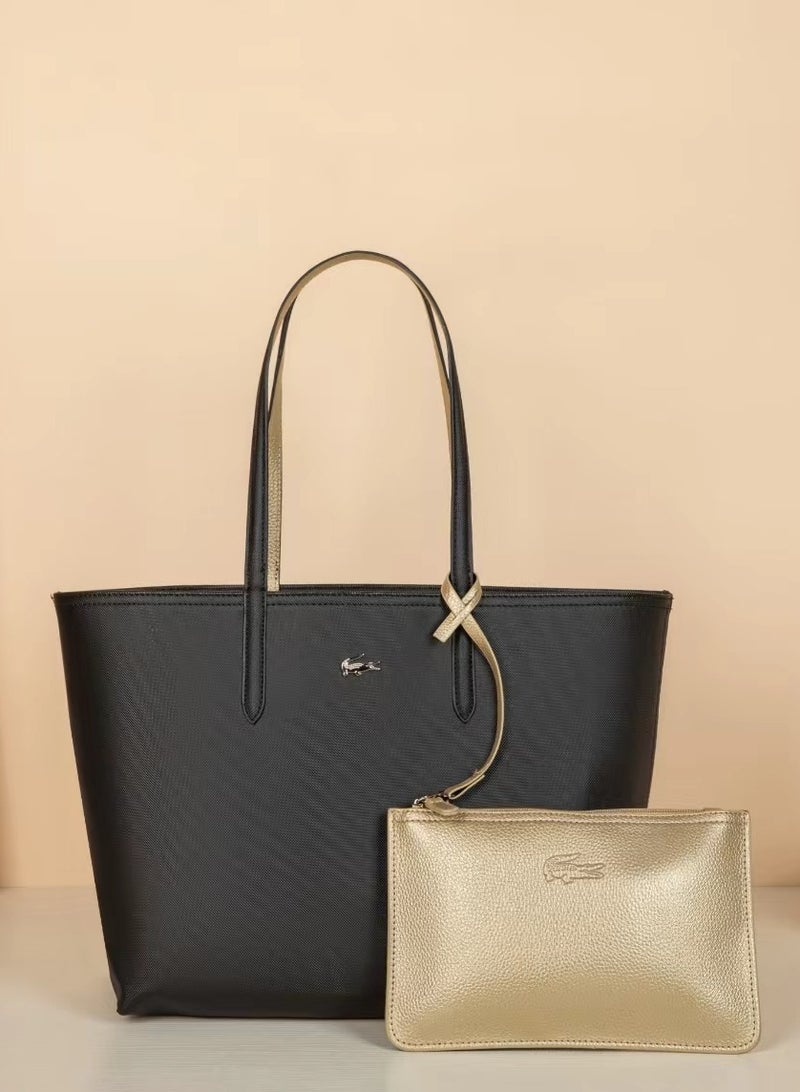 لاكوست حقيبة يد نسائية من لاكوست مزدوجة الجوانب بسعة كبيرة، متعددة الوظائف، ذات لونين، باللونين الأسود والكاكي - Image 1