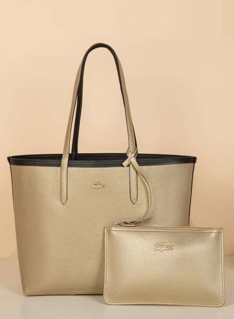 لاكوست حقيبة يد نسائية من لاكوست مزدوجة الجوانب بسعة كبيرة، متعددة الوظائف، ذات لونين، باللونين الأسود والكاكي - Image 2