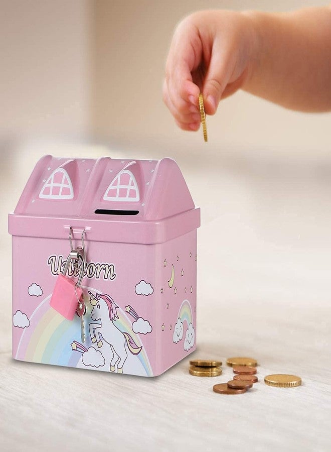 ALESSO House Shape Unicorn Printed Metal Coin Bank Piggy Bank for Kids with Lock and Key Coin Bank - Image 3
