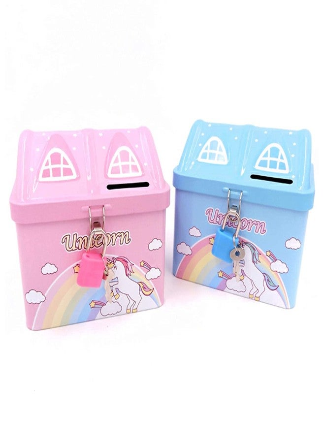 ALESSO House Shape Unicorn Printed Metal Coin Bank Piggy Bank for Kids with Lock and Key Coin Bank - Image 4