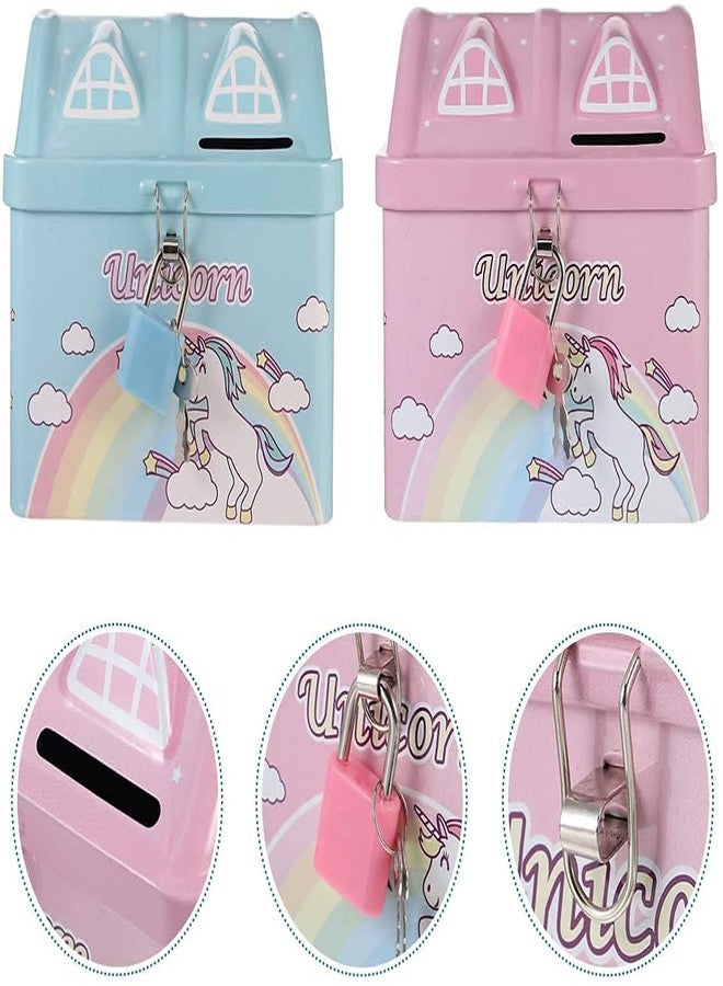ALESSO House Shape Unicorn Printed Metal Coin Bank Piggy Bank for Kids with Lock and Key Coin Bank - Image 2