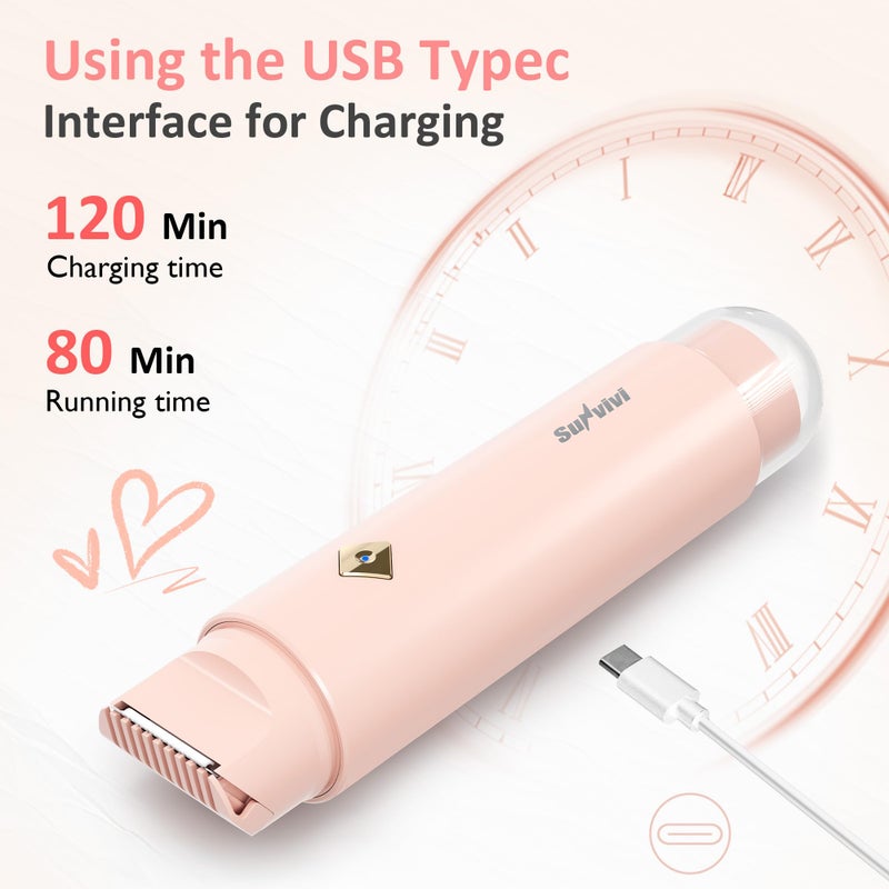 Sunvivi Bikini Trimmer for Women: IPX6 Waterproof Dual Head Pubic Razor, Painless Face Shaver Body Trimmer, Portable Hair Removal Kit for Bikini Underarm Leg Arm Body Face, Pink - Image 5
