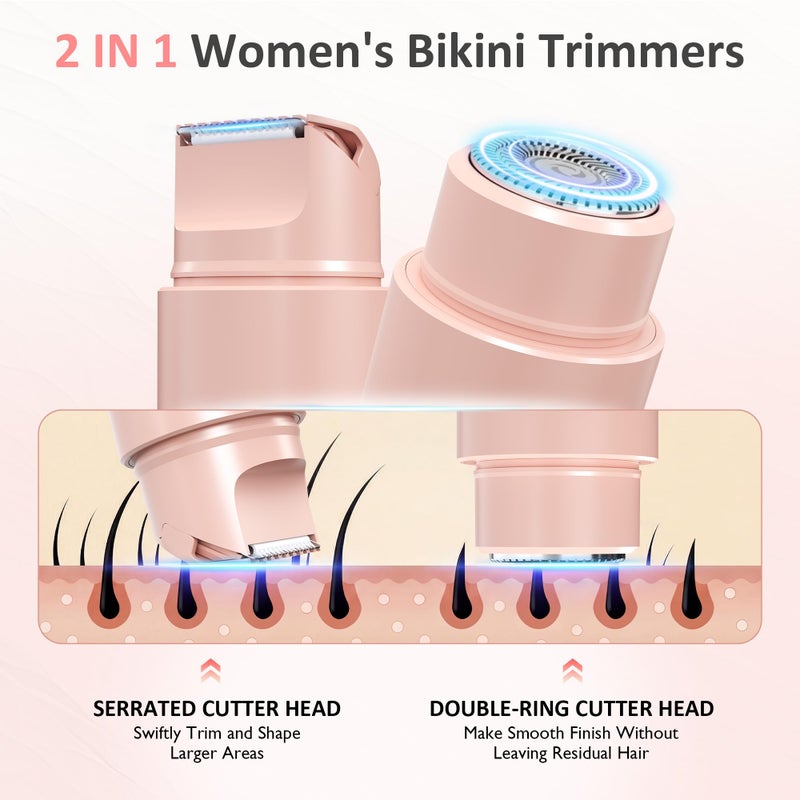 Sunvivi Bikini Trimmer for Women: IPX6 Waterproof Dual Head Pubic Razor, Painless Face Shaver Body Trimmer, Portable Hair Removal Kit for Bikini Underarm Leg Arm Body Face, Pink - Image 2