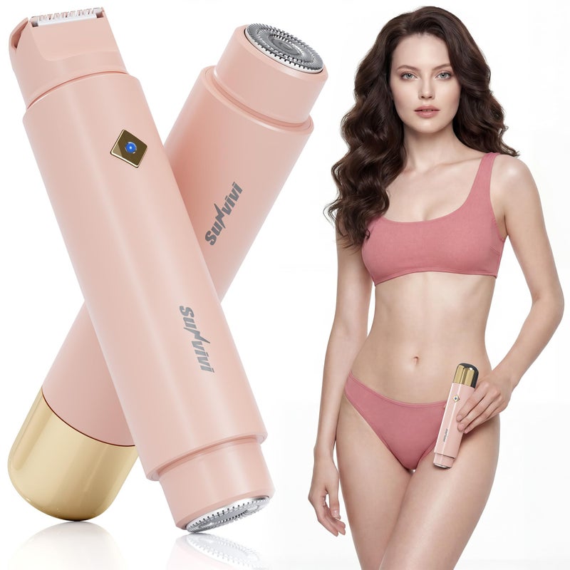 Sunvivi Bikini Trimmer for Women: IPX6 Waterproof Dual Head Pubic Razor, Painless Face Shaver Body Trimmer, Portable Hair Removal Kit for Bikini Underarm Leg Arm Body Face, Pink - Image 1