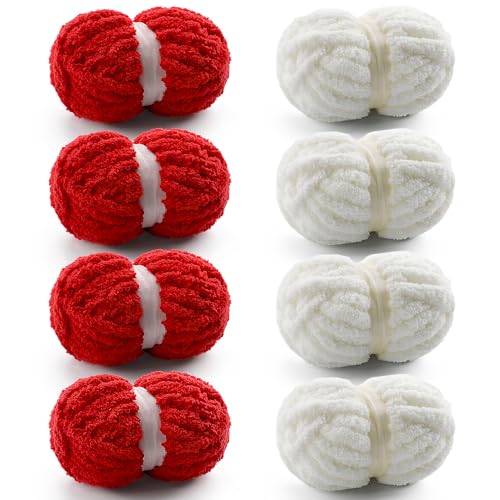 Mooaske 8 Pack Chunky Yarn for Hand Knitting - Chunky Chenille Yarn for Crocheting - Fluffy Yarns for Crochet - Jumbo Yarns for Hand Knitting 28.4 Yds 7.7 Oz Per Roll (8, Big Red-Milky White) - Image 1