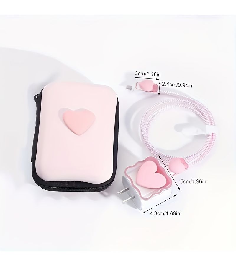 Rose Red Heart 6 Piece Set Fast Charging Protective Phone Case With Cable Organizer For iPhone 14 Pro Max 13 12 11 18 20W Fast Charging Block Anti Tangle Gift For Her - Image 2