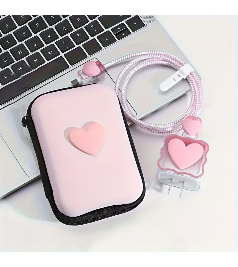 Rose Red Heart 6 Piece Set Fast Charging Protective Phone Case With Cable Organizer For iPhone 14 Pro Max 13 12 11 18 20W Fast Charging Block Anti Tangle Gift For Her - Image 1