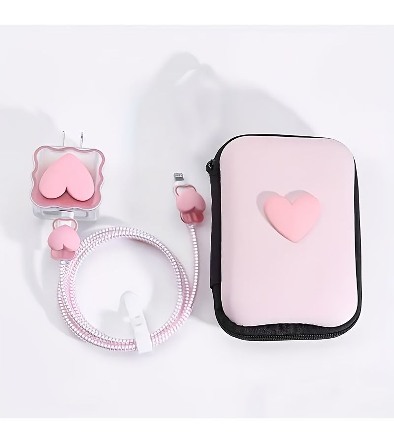 Rose Red Heart 6 Piece Set Fast Charging Protective Phone Case With Cable Organizer For iPhone 14 Pro Max 13 12 11 18 20W Fast Charging Block Anti Tangle Gift For Her - Image 3