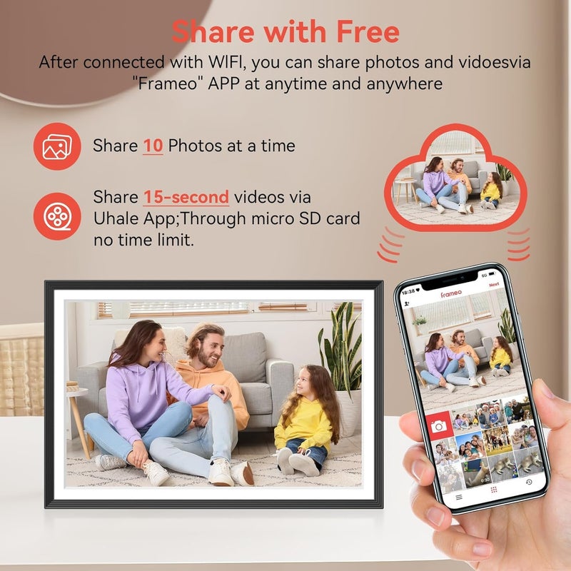 CASON إطار فريميو - إطار صور رقمي متميز بحجم 10.1 بوصة للجدار والطاولة، شاشة تعمل باللمس IPS LCD فائقة السلاسة 1280x800 | ذاكرة مدمجة 32 جيجابايت | إطار رقمي متصل بالواي فاي عبر تطبيق فريميو مع عرض شرائح، دوران تلقائي - Image 2