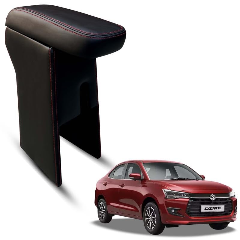 Carigiri Premium Finish Car Armrest with Storage Box And High Density Moulded Foam For Maruti Suzuki Dzire (Models-2024,2025)(ONLY FOR VXI,VDI/ZXI,ZDI/ZXI+ MODELS) (Red Seam,Nappa Leatherette) - Image 1