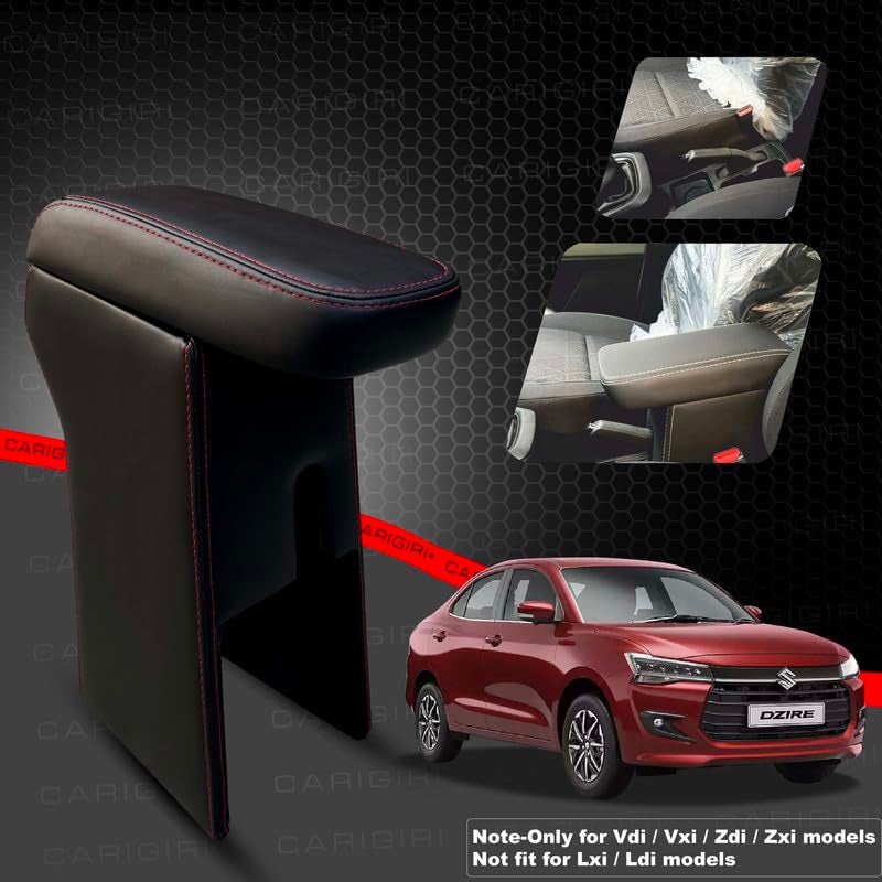 Carigiri Premium Finish Car Armrest with Storage Box And High Density Moulded Foam For Maruti Suzuki Dzire (Models-2024,2025)(ONLY FOR VXI,VDI/ZXI,ZDI/ZXI+ MODELS) (Red Seam,Nappa Leatherette) - Image 2
