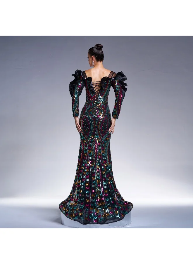 Madam Uniq New Sequin Embroidered Long Sleeve V-Neck Hollow Out Mermaid Evening Dress