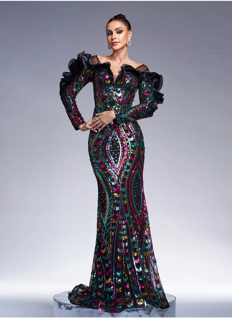 Madam Uniq New Sequin Embroidered Long Sleeve V-Neck Hollow Out Mermaid Evening Dress