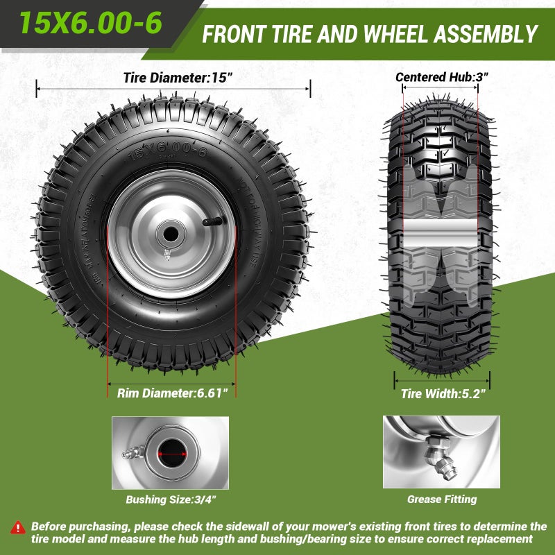 RRQ (2 Pack) RRQ 15x6.00-6nhs Lawn Mower Tires and Wheel Assembly, Replacement Riding Lawn Mower Front Tires, Compatible with John Deere Craftsman Husqvarna Lawn Mowers, 3/4" Bushings, 3" Centered Hub - Image 2