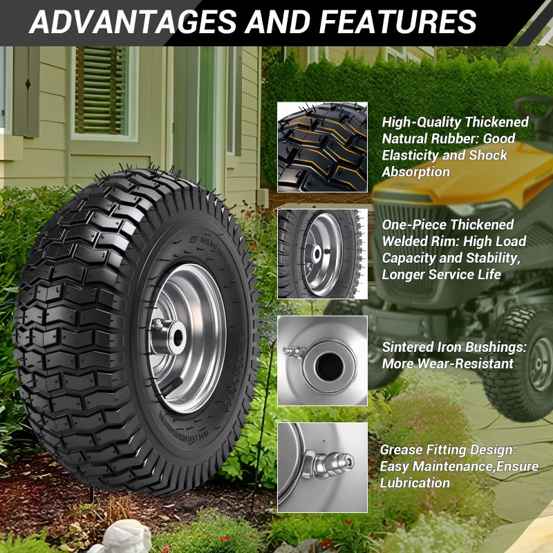 RRQ (2 Pack) RRQ 15x6.00-6nhs Lawn Mower Tires and Wheel Assembly, Replacement Riding Lawn Mower Front Tires, Compatible with John Deere Craftsman Husqvarna Lawn Mowers, 3/4" Bushings, 3" Centered Hub - Image 4