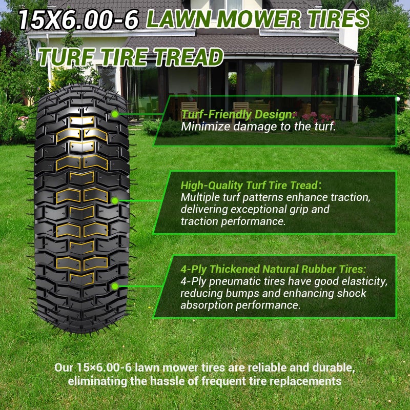 RRQ (2 Pack) RRQ 15x6.00-6nhs Lawn Mower Tires and Wheel Assembly, Replacement Riding Lawn Mower Front Tires, Compatible with John Deere Craftsman Husqvarna Lawn Mowers, 3/4" Bushings, 3" Centered Hub - Image 5
