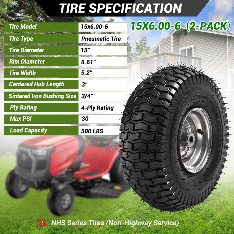 RRQ (2 Pack) RRQ 15x6.00-6nhs Lawn Mower Tires and Wheel Assembly, Replacement Riding Lawn Mower Front Tires, Compatible with John Deere Craftsman Husqvarna Lawn Mowers, 3/4" Bushings, 3" Centered Hub - Image 3