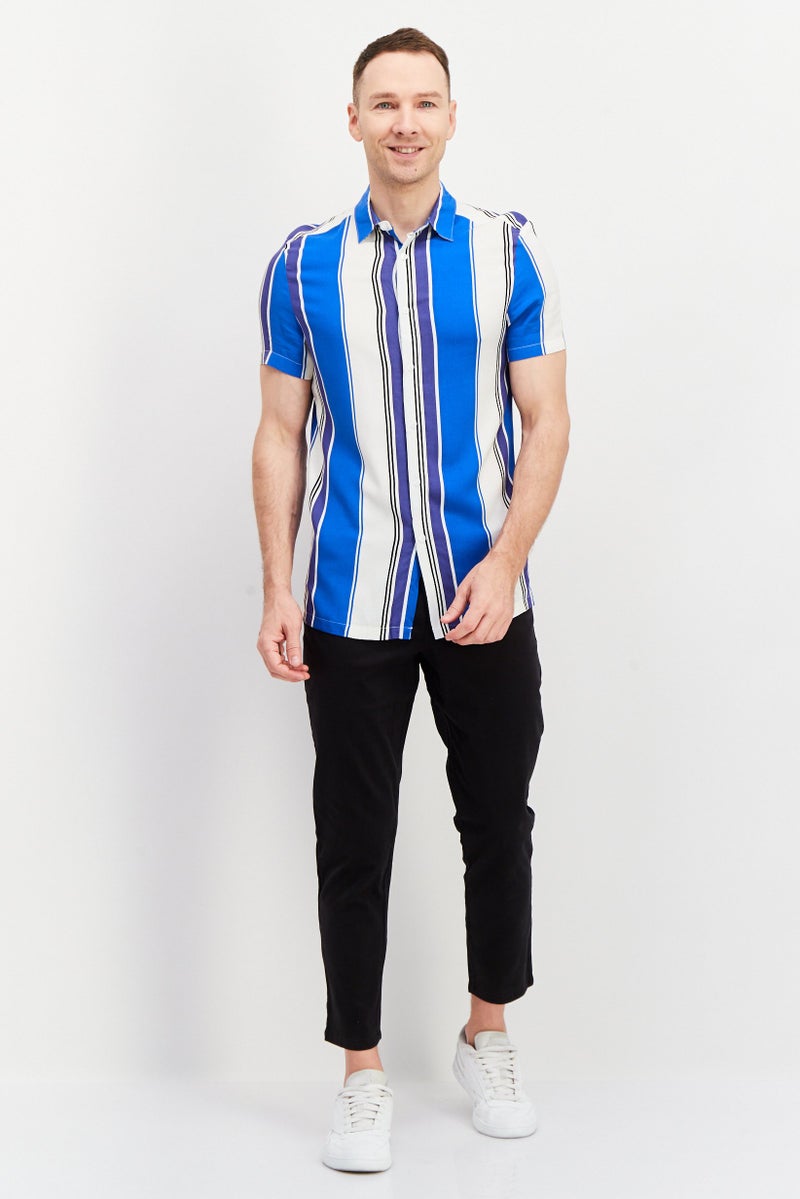 Asos Design Men Regular Fit Short Sleeve Stripe Shirt, Blue - Image 2