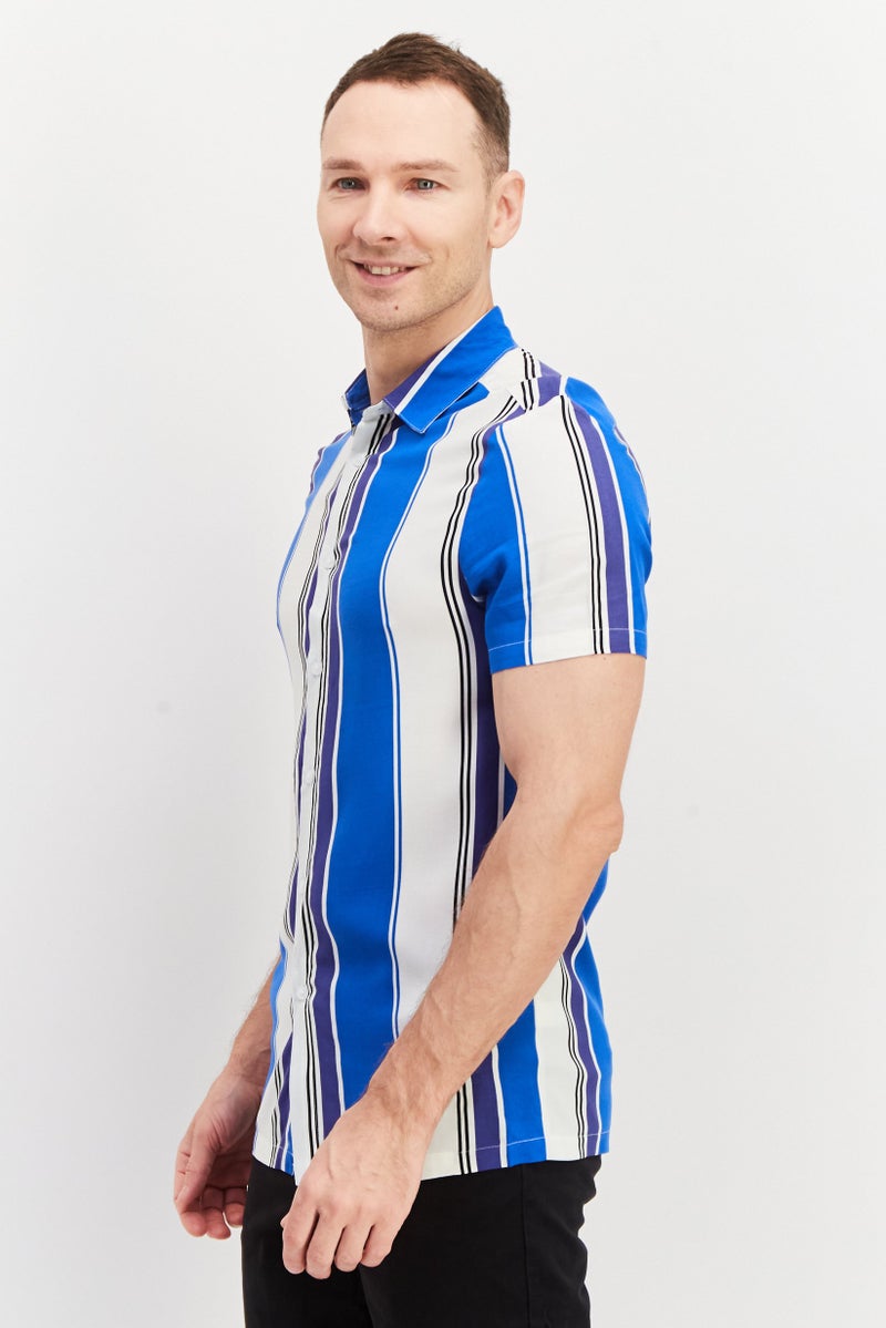 Asos Design Men Regular Fit Short Sleeve Stripe Shirt, Blue - Image 4