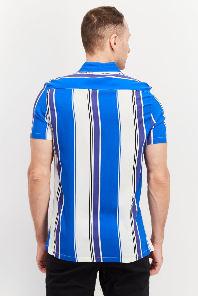 Asos Design Men Regular Fit Short Sleeve Stripe Shirt, Blue - Image 3