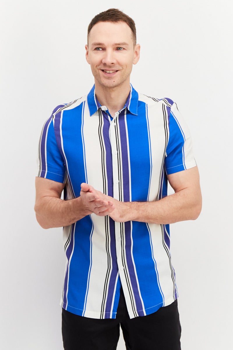 Asos Design Men Regular Fit Short Sleeve Stripe Shirt, Blue - Image 1