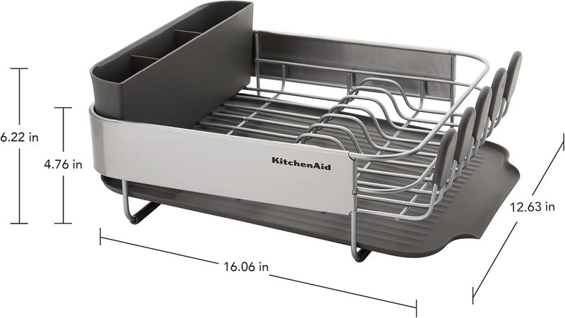 KitchenAid حامل أطباق مضغوط موفر للمساحة مقاوم للصدأ، مع لوح تصريف مائل ذاتي التصريف وحامل أدوات قابل للإزالة، 16.06 بوصة، رمادي - Image 5