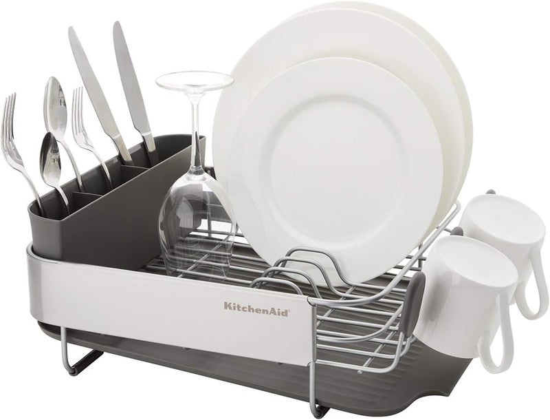 KitchenAid حامل أطباق مضغوط موفر للمساحة مقاوم للصدأ، مع لوح تصريف مائل ذاتي التصريف وحامل أدوات قابل للإزالة، 16.06 بوصة، رمادي - Image 4