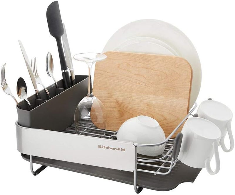 KitchenAid حامل أطباق مضغوط موفر للمساحة مقاوم للصدأ، مع لوح تصريف مائل ذاتي التصريف وحامل أدوات قابل للإزالة، 16.06 بوصة، رمادي - Image 3
